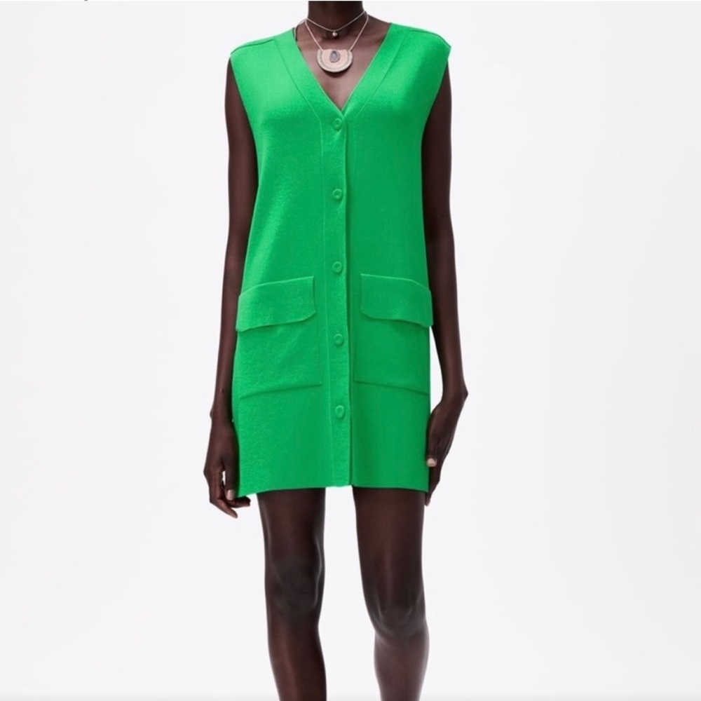 Zara Womens Oversized Knit Mini Dress Size M Kelly Green V Neck Button Up Office